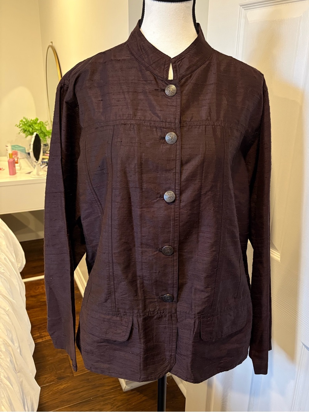 Chico’s 100% Silk Chocolate Brown Textured Jacket Blazer Size 3 XL